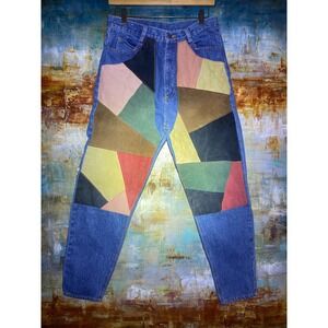 Vintage Seruchi Patchwork Suede Denim Jeans Womens 15/16 Multicolor High Waist